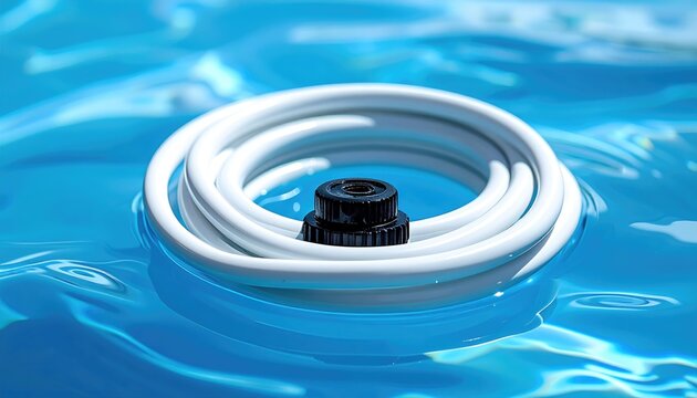 White coiled hose with black connector floating on the surface of clear blue swimming pool water.