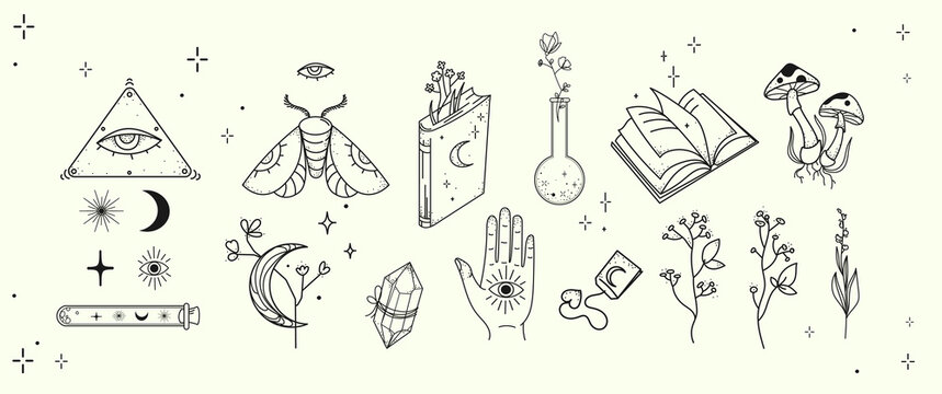 Mystical line art icon set with occult symbols and botanical elements in minimal boho style illustration for spiritual or witchcraft themes for tattoo design logo sticker poster print packaging.Vector