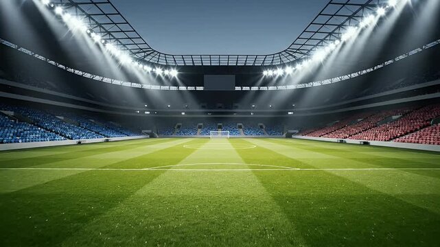 A majestic sports venue captured from ground level, its vast empty field illuminated by brilliant overhead lighting, awaiting the arrival of spectators and athletes