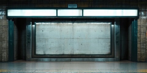Fototapeta premium Subway station wall, blank billboard. Dim lighting creates stark contrast, emphasizing texture, geometry. Minimalist composition, urban scene.
