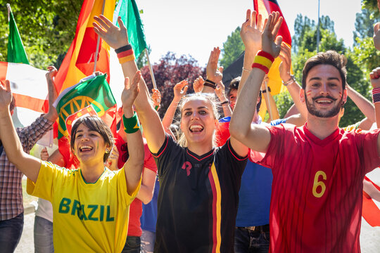 International football fans cheering victory at a championship