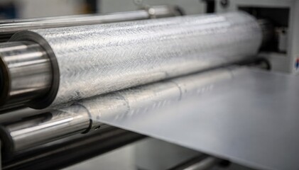 Medium shot of patterned rolls applying an embossed matte texture onto plastic films highlighting industrial surface finishing with a smooth subtle finish for packaging materials.