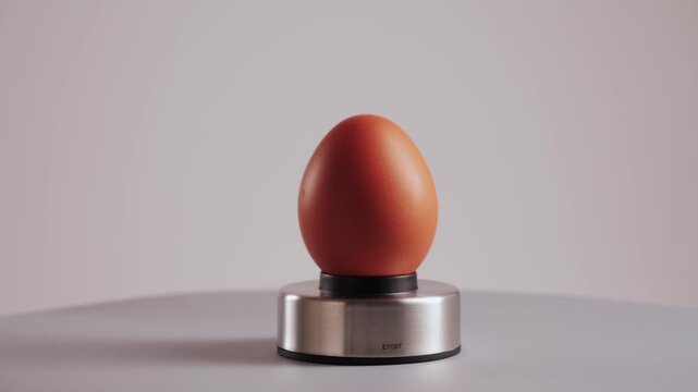 Close up of egg on egg piercer. An egg piercer pierces the air pocket of an eggshell with a small needle to keep the shell from cracking during hard-boiling.