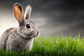 Whimsical encounter: the gentle gaze of a garden rabbit. Design template. A bunny&acirc;&euro;&trade;s honest gaze cast over a verdant grassland. Modern style. Visual balance.