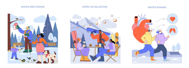 Fototapeta premium Winter Bird Feeding and Ski Vector Illustration