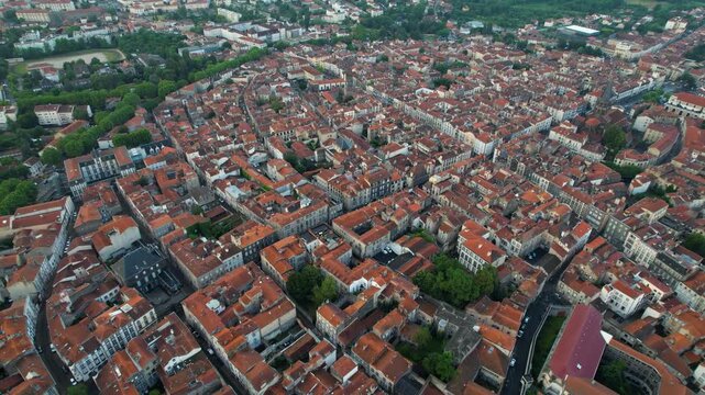 A panorama aerial view of the City Riom in France. On a sunny morning in summer around the old town.