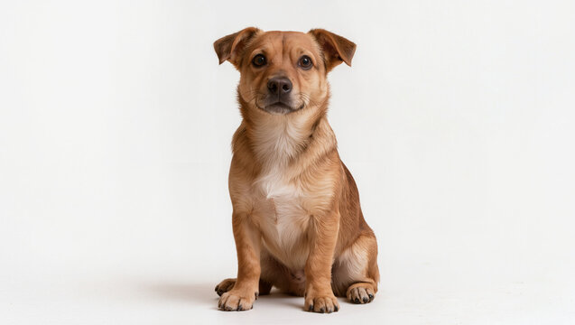 Adorable brown mixed breed dog sitting calmly, looking directly at camera on white background