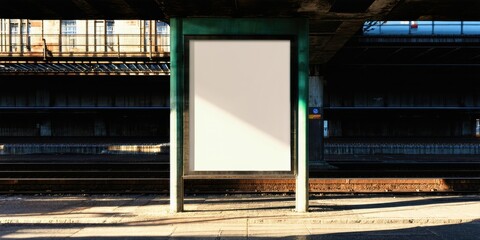 Fototapeta premium Empty billboard stands beneath railway arches. Concrete platform extends into shadows. Minimalist composition, stark contrast, urban setting.