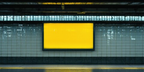 Fototapeta premium Subway station interior features blank yellow advertisement. Tiled walls, dark platform, minimal lighting create stark contrast.