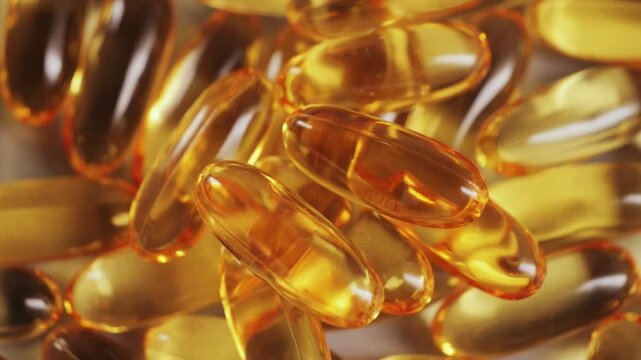 A close-up of Omega-3 capsules, clear, golden, and glossy. The soft gel capsules are filled with fish oil on a surface. Health and daily wellness support.