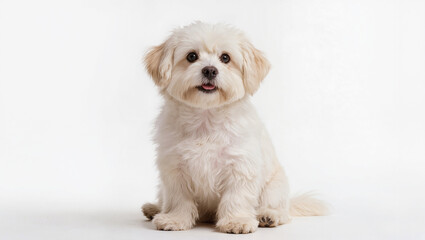 Fototapeta premium Adorable Fluffy White Dog Sitting Peacefully, Looking at Camera
