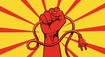 Fist holding electric plug, powerful gesture, red and yellow background, symbol of energy and control
