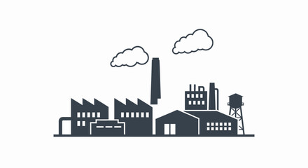 Obraz premium A simple line drawing of an industrial landscape with buildings and smokestacks against a white background with clouds.