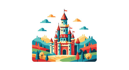 Colorful illustration of a castle with clouds and hills