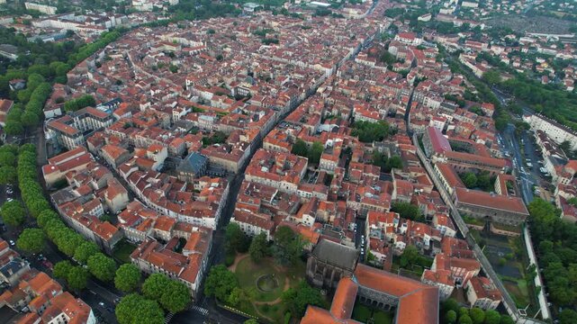 A panorama aerial view of the City Riom in France. On a sunny morning in summer around the old town.