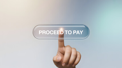 Fototapeta premium Hand Pressing Virtual Proceed to Pay Button for Secure Online Transaction and E-commerce Checkout