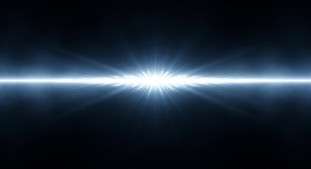Fototapeta premium Intense blue light source with starburst lens flare and glowing horizontal beams on a dark abstract background