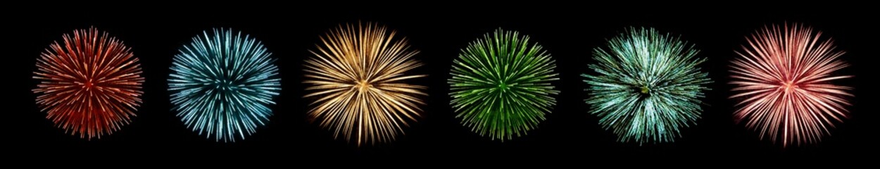 Collection of colorful fireworks bursts isolated on black background. Festive celebration elements representing holidays, festivals, New Year events and party decorations.