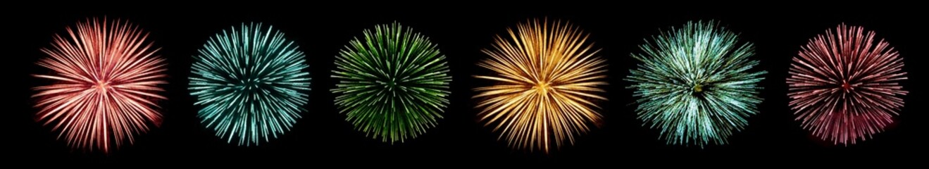Fototapeta premium Collection of colorful fireworks bursts isolated on black background. Festive celebration elements representing holidays, festivals, New Year events and party decorations.
