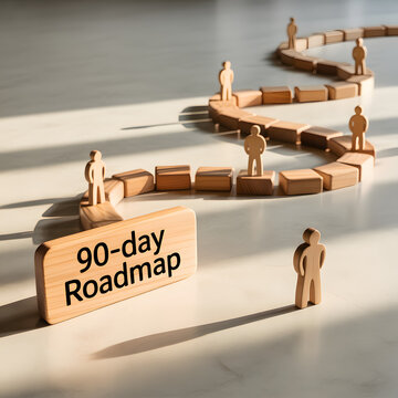 Wooden block figures represent individuals navigating a detailed 90 day roadmap challenge on a winding path of progress illuminated by soft side light and casting long 