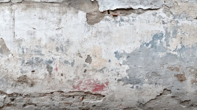 An old, weathered wall with peeling paint and patches of missing plaster, set against a muted, earthy background with patches of dirt and grime.
