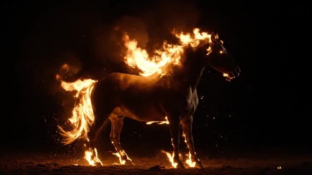 A horse engulfed in flames standing against a dark background with a dramatic and intense mood.