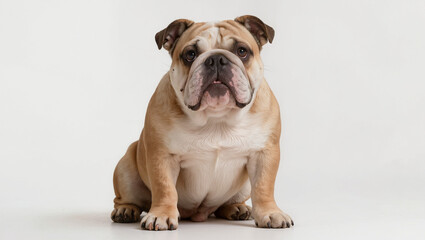 Fototapeta premium Focused English Bulldog Sitting Serenely Against Bright White Studio Background