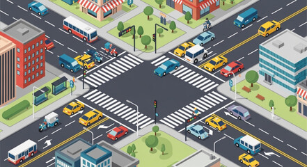 Isometric City Intersection with Cars, Buses, and Buildings.