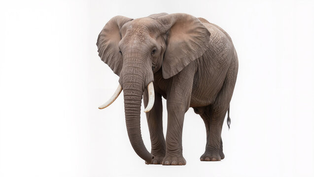 Majestic African Elephant Standing with Ivory Tusks on White Background