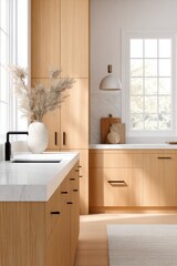 Minimal warm wood kitchen interior with marble countertops and decorative vase for interior design, home staging, catalog and background use
