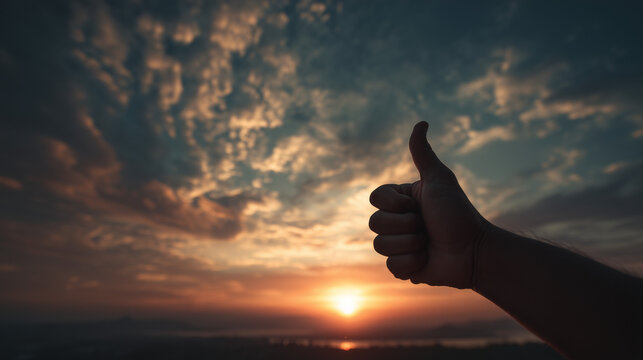 Hand giving thumbs up against beautiful sunset cloudscape inspiring hope and positivity
