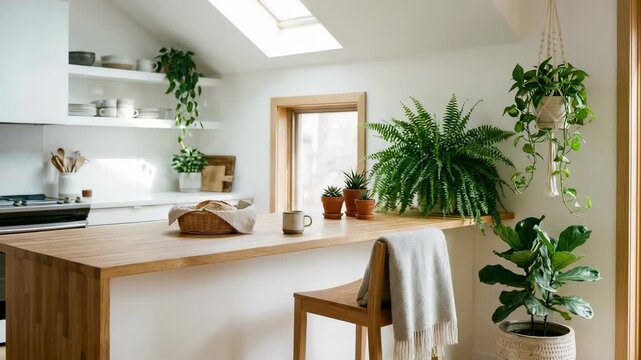 Bright kitchen with wooden countertop, potted plants, and natural light illuminating the space through the skylight and window