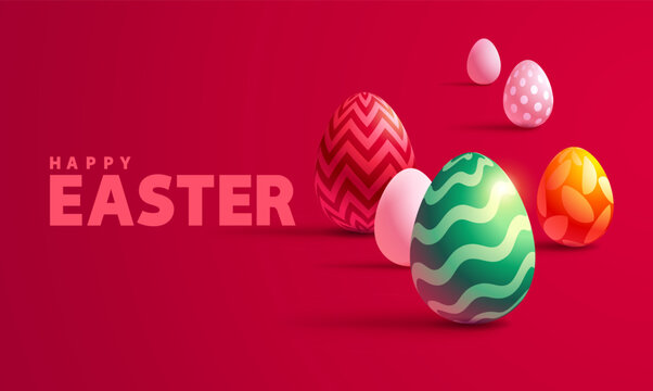 Red easter greeting card design  with  3D decorated Easter eggs and place for inscription. Festive minimalistic banner