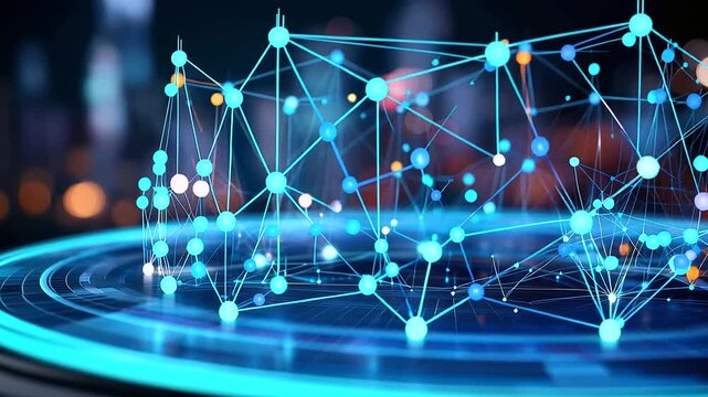 Wide angle visualization of a glowing corporate analytics ecosystem multiple interconnected KPI metric nodes arranged in a radial network diagram each node pulsing with live