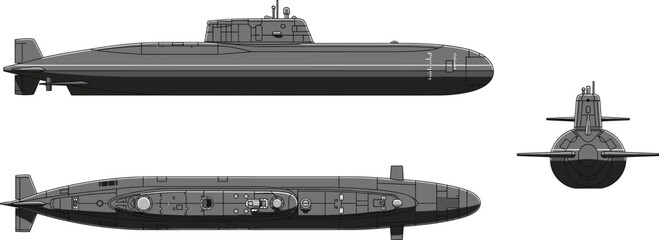 Military submarine technical vector illustration with side top and front views detailed naval underwater vessel blueprint style isolated design © Md