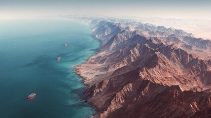Critical maritime gateway: the geography of the hormuz strait. Experimental photography. Detailed mapping of the hormuz strait between iran and oman. Visionary fashion. Colorful surrealism.