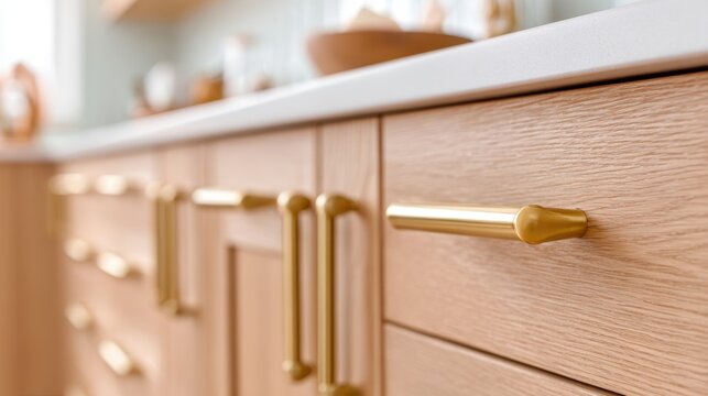 Close up oak cabinet with brass handles detail for interior design and furniture catalog background showing modern kitchen hardware and finish