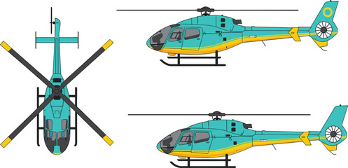 Modern helicopter aircraft vector illustration with top and side views detailed aviation transport chopper for travel, rescue and aviation design © Md