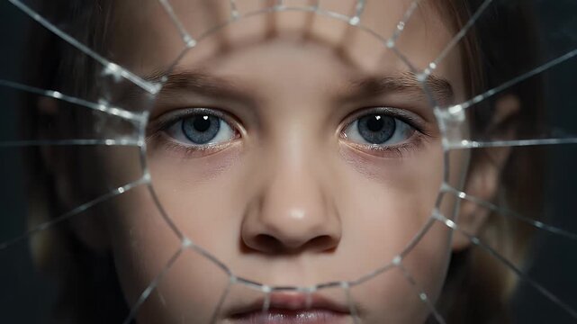 Close up portrait of a young girl with blue eyes looking through cracked glass with spiderweb pattern and soft lighting