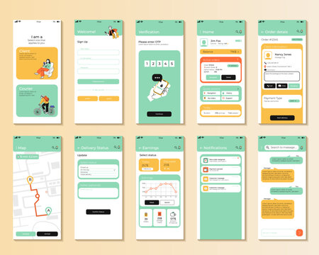 Modern courier delivery mobile app UI kit with multiple screens including dashboard, order tracking, map navigation, chat, notifications and earnings statistics. Clean interface design for logistics 