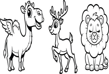 Color page featuring a Pegasus deer and lion for kids