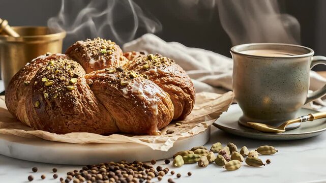 Close up of baked pastry with nuts and a cup of coffee on a table