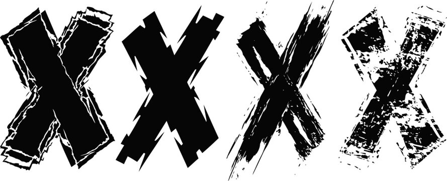 Grunge black letter x variations distressed textured alphabet with ink brush stroke effect