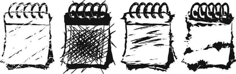 Four hand drawn spiral notepads with different sketch styles on white background, sketch doodle illustration