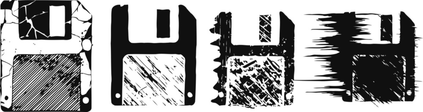 Floppy disk icons in various grunge styles and distortion effects, symbolizing data storage and retro technology