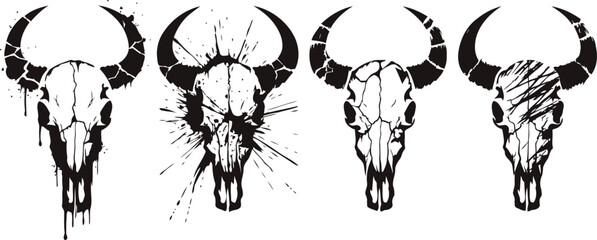 Buffalo skull silhouette set with grunge and distressed paint splatter effects, western vintage designs