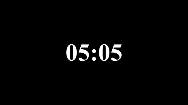 Starting soon Digital countdown clock timer in 5 minute to zero second. White text number and Motion graphics of countdown concept