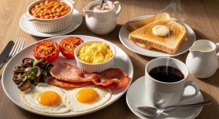Delicious Traditional Breakfast Featuring Eggs Bacon Toast Baked Beans Tomatoes Mushrooms And Coffee
