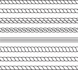 Set of horizontal seamless rope patterns and braided line borders for decorative design