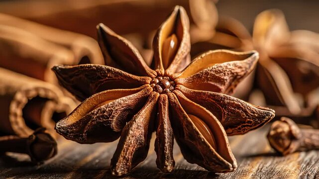 Close up of star anise and cinnamon sticks on rustic wood surface
